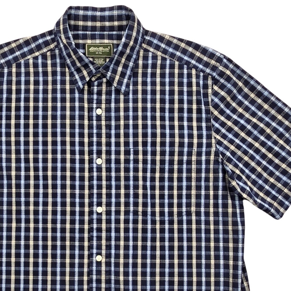 Eddie Bauer Seersucker Short Sleeve Plaid Button Front Shirt Blue Mens Large
